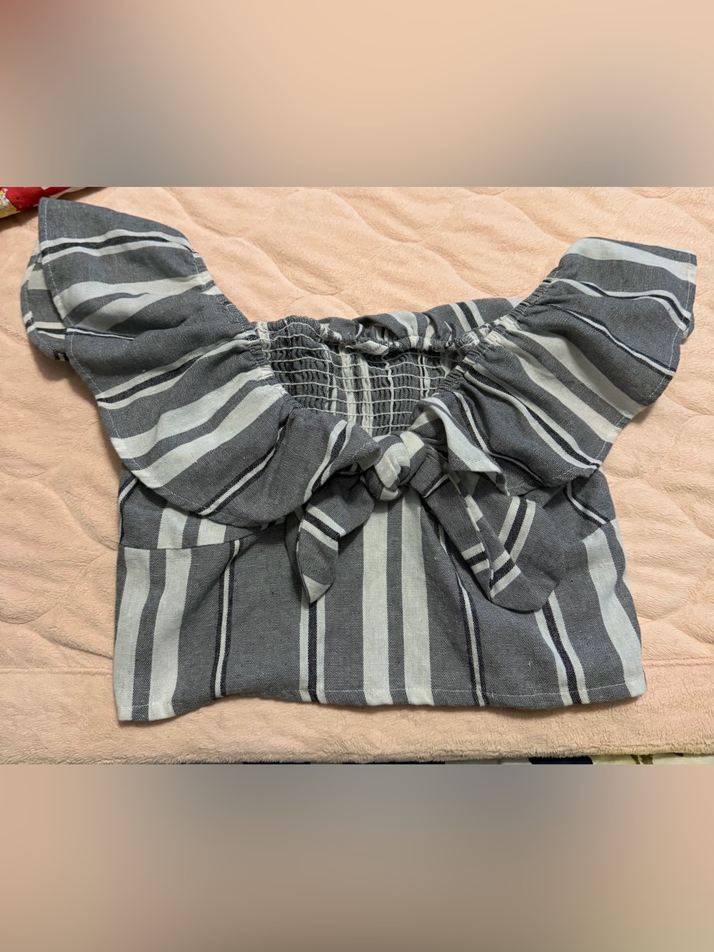 Striped Gray Off-Shoulder Tie-Front Women's Top
